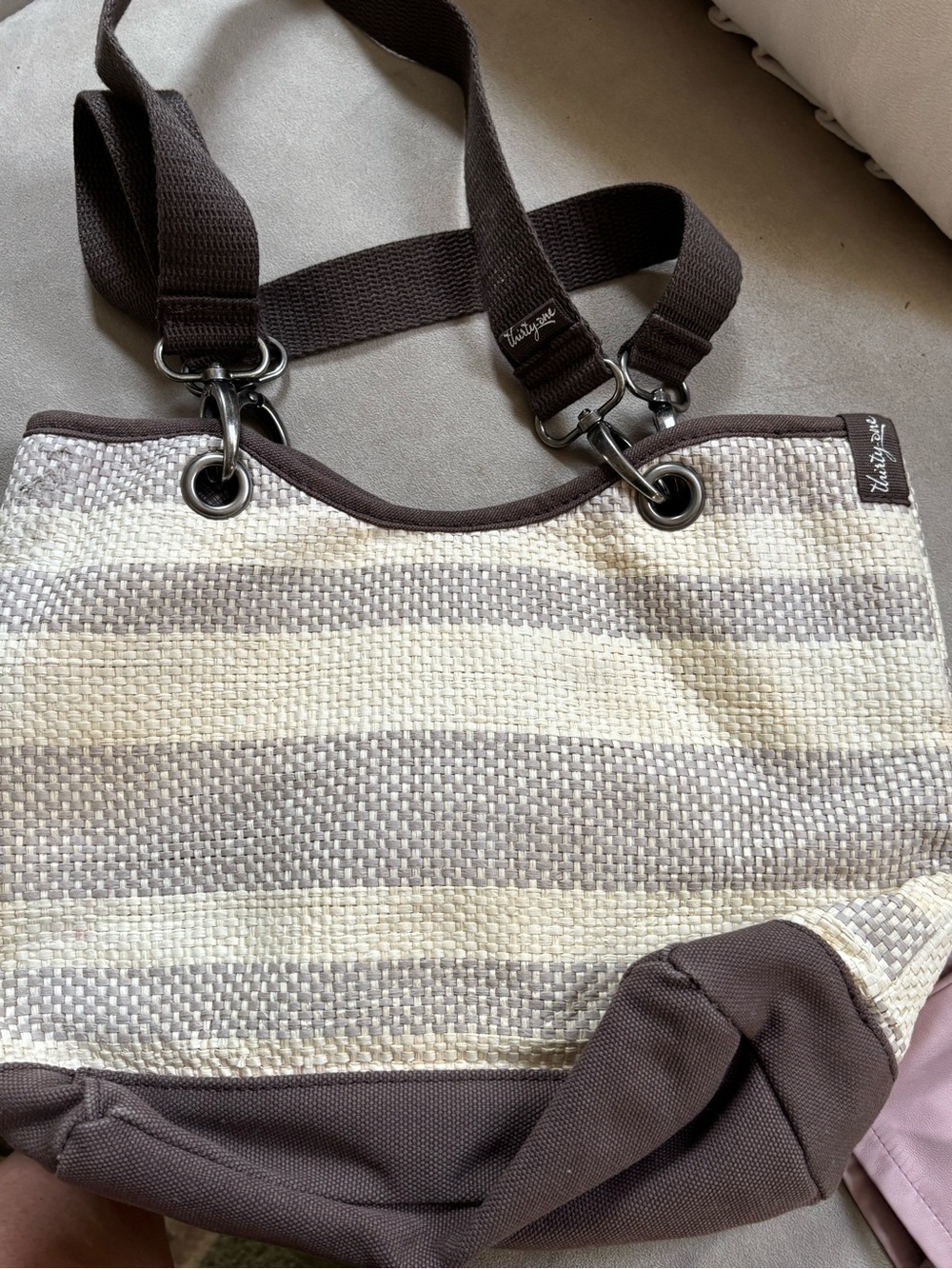 thirty-one Brown and Cream Striped Tote with Grommet Accents